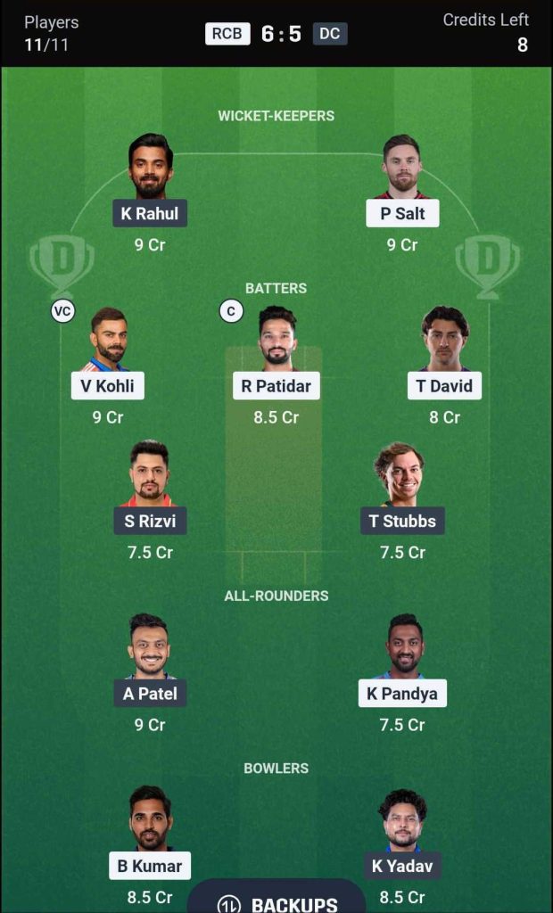 RCB vs DC IPL 2026 Match 26 Dream11 Team 2