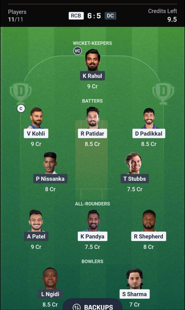 RCB vs DC IPL 2026 Match 26 Dream11 Team 3