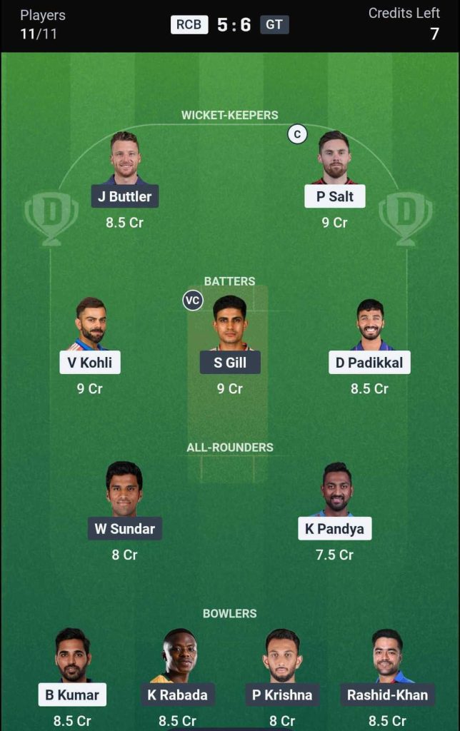 RCB vs GT IPL 2026 Match 34 Dream11 Team 2