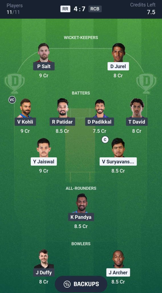 RR vs RCB Match 16 Dream11 Team 3