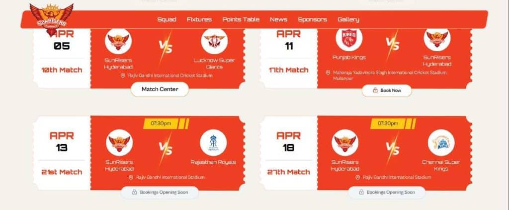 SRH Match Tickets on official SRH site SRH Match Tickets on official SRH site