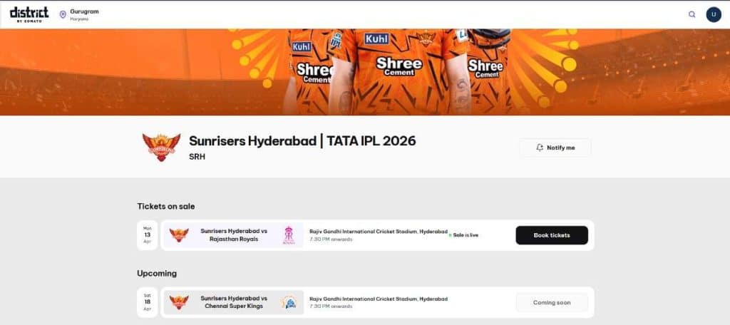SRH vs CSK Tickets on District by Zomato SRH vs CSK Tickets on District by Zomato