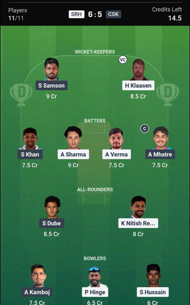 SRH vs CSK IPL 2026 Match 27 Dream11 Team 2