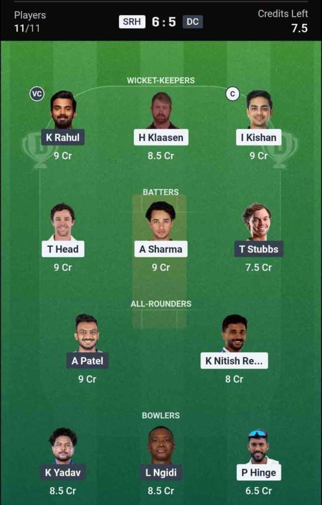 Dream 11 Team for SRH vs DC IPL 2026 Match 31