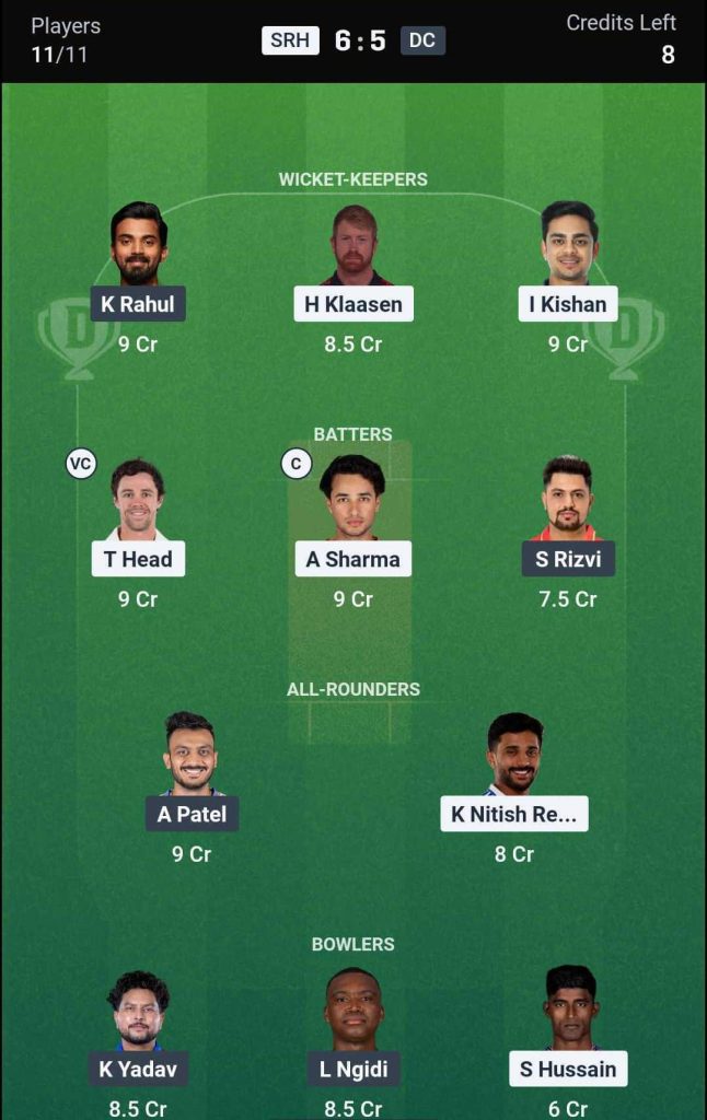 SRH vs DC IPL 2026 Match 31 Dream11 Team 2