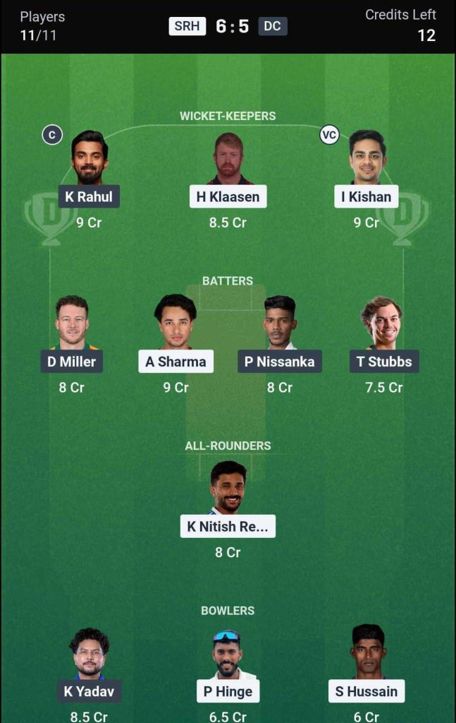 SRH vs DC IPL 2026 Match 31 Dream11 Team 3