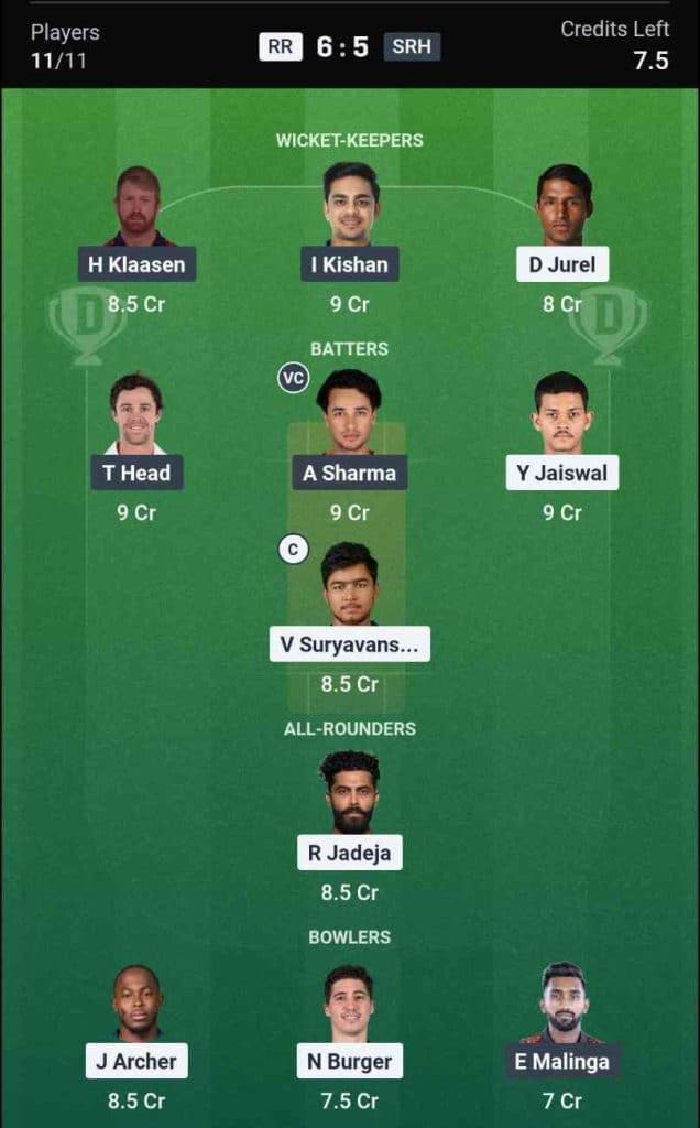 Dream11 Team for RR vs SRH IPL 2026 Match 36