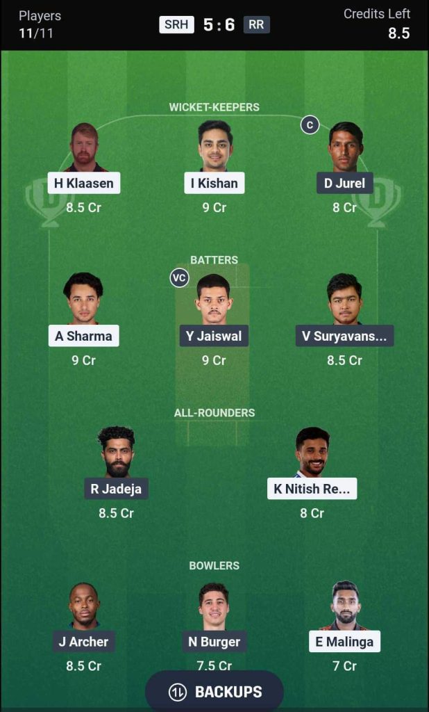 SRH vs RR IPL 2026 Match 21 Dream11 Team 2 SRH vs RR IPL 2026 Match 21 Dream11 Team 2