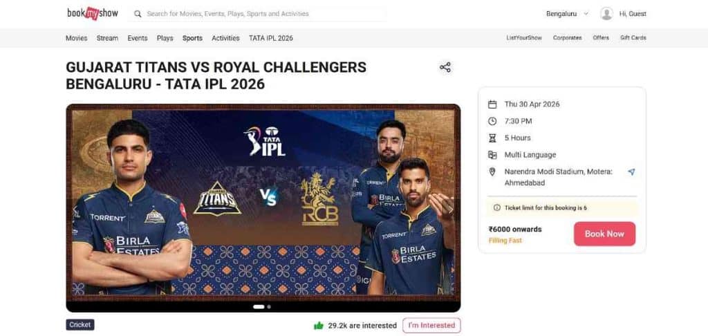 Find the Match on BookMyShow and Click Book Now