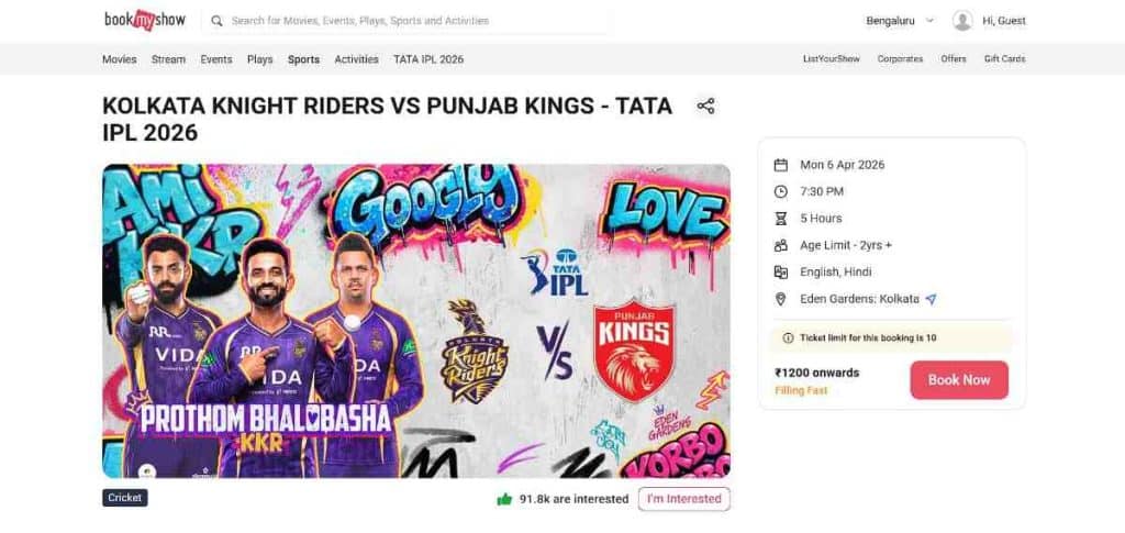 Go to the KKR IPL 2026 Page on BookMyShow