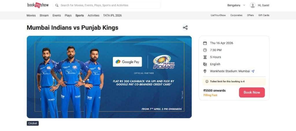 BookMyShow landing page MI vs Punjab Kings BookMyShow landing page MI vs Punjab Kings