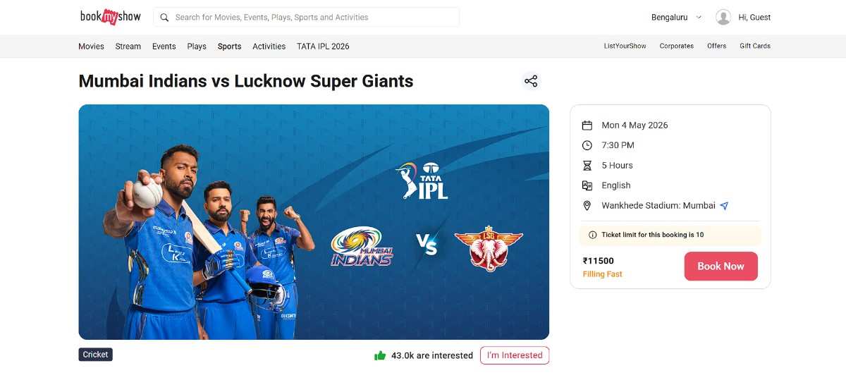 Open the Match Page on BookMyShow