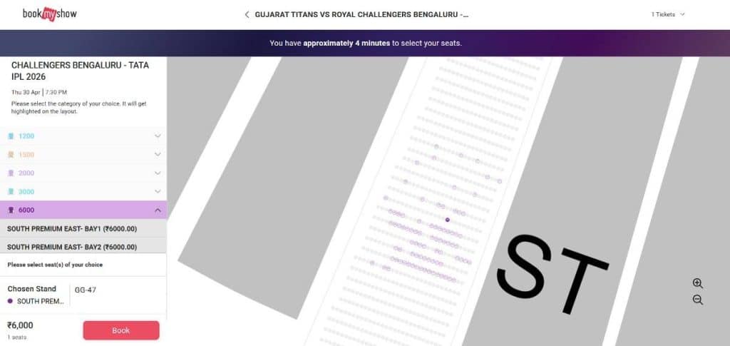 Select Price Tier, Block, and Specific Seat