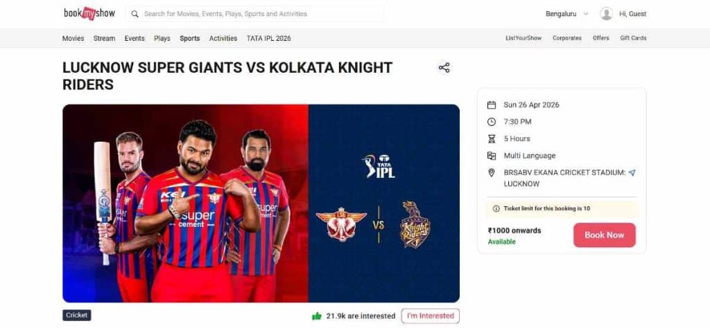 Find the Match on BookMyShow And Click Book Now