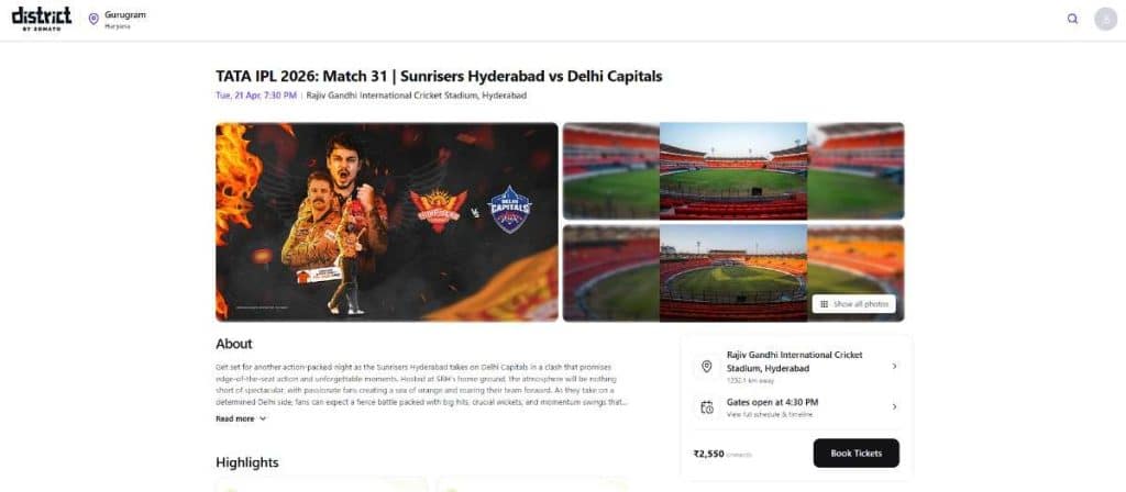 Open the Match Page and Click Book Tickets