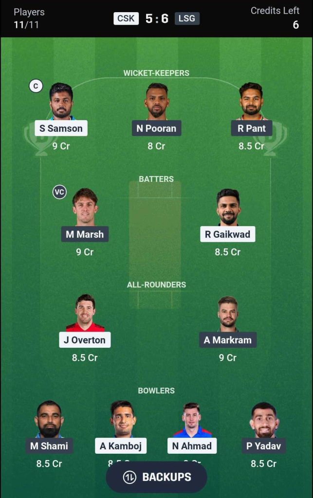 CSK vs LSG IPL 2026 Match 53 Dream11 Team 1
