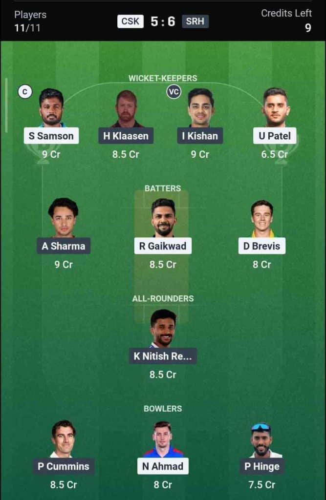 Dream11 Team for CSK vs SRH IPL 2026 Match 63
