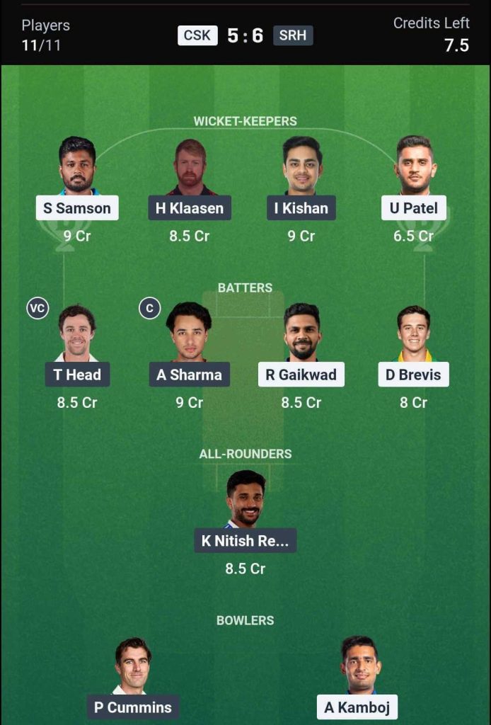 CSK vs SRH IPL 2026 Match 63 Dream11 Team 2