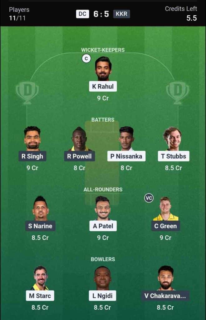 Dream11 Team for DC vs KKR IPL 2026 Match 51
