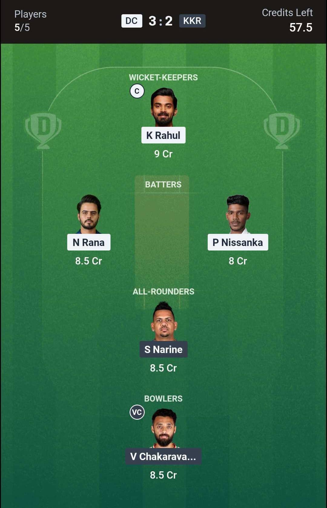 DC vs KKR Match 51 (2nd Innings) Dream11 Team 1