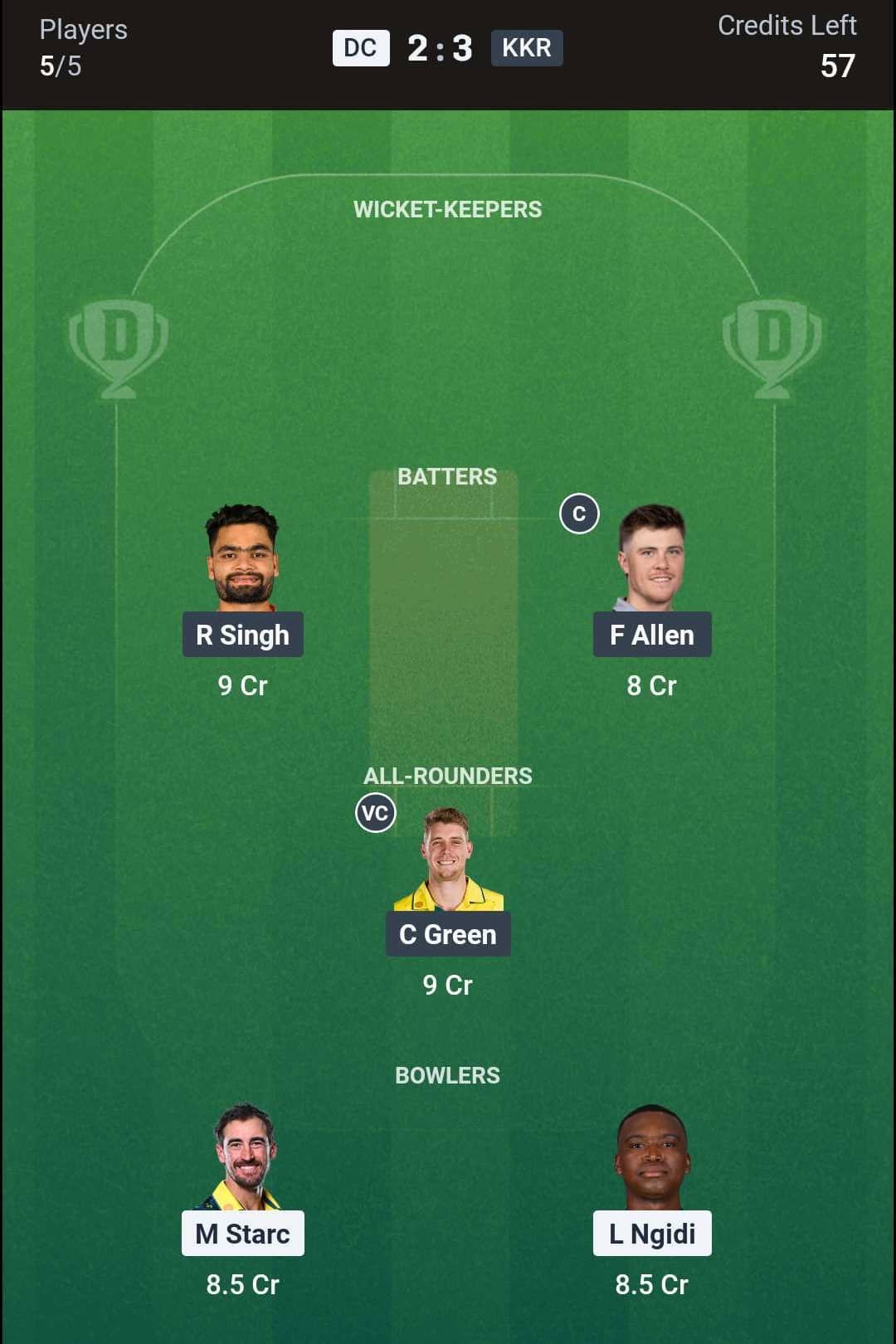DC vs KKR Match 51 (2nd Innings) Dream11 Team 2