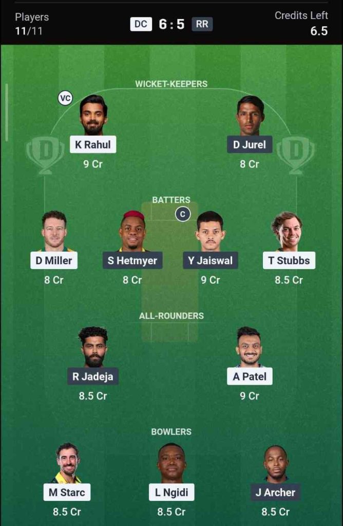 Dream11 Team for DC vs RR IPL 2026 Match 62