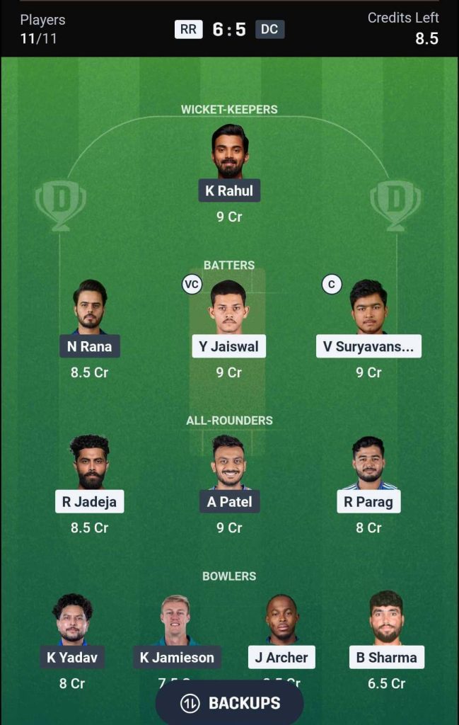 RR vs DC IPL 2026 Match 43 Dream11 Team 2