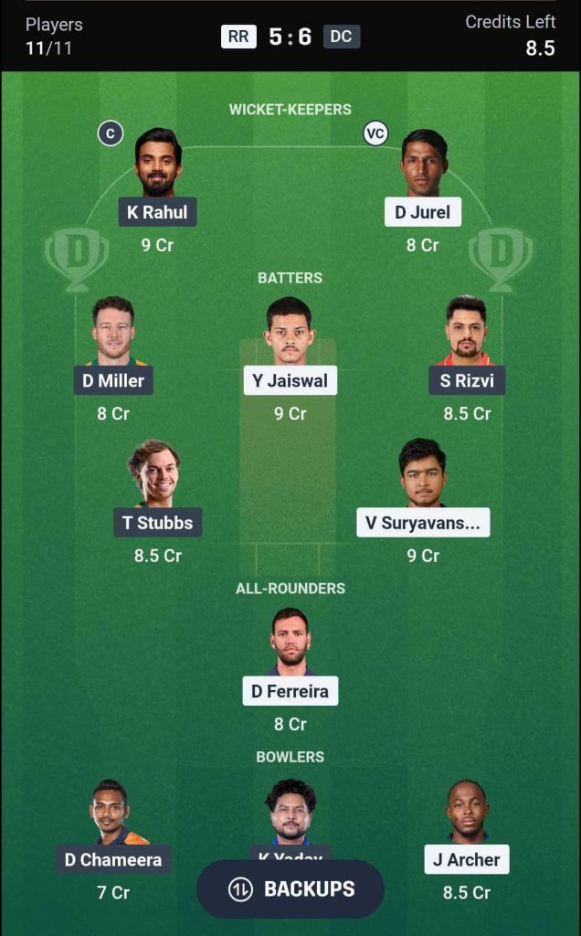 RR vs DC IPL 2026 Match 43 Dream11 Team 3