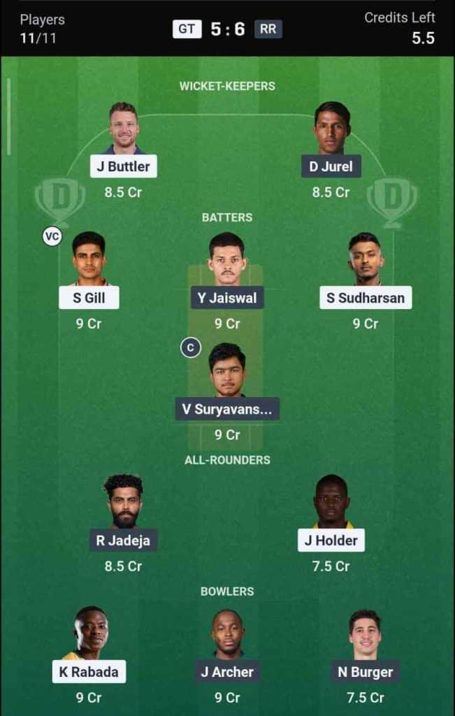 Dream11 Team for GT vs RR Qualifier 2 Dream11 Team for GT vs RR Qualifier 2