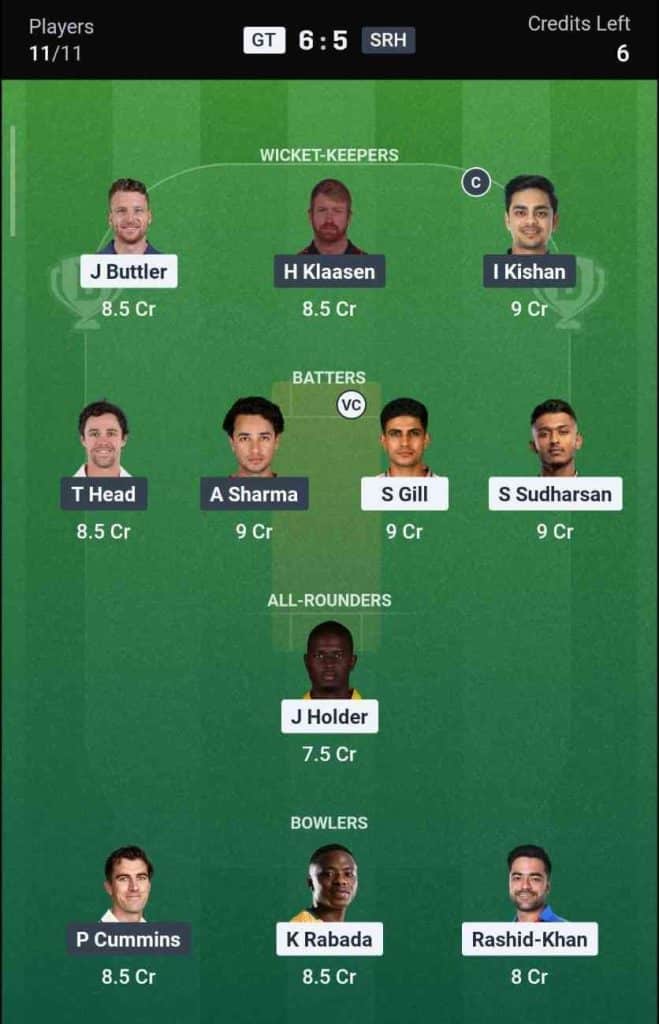 Dream11 Team for GT vs SRH IPL 2026 Match 56