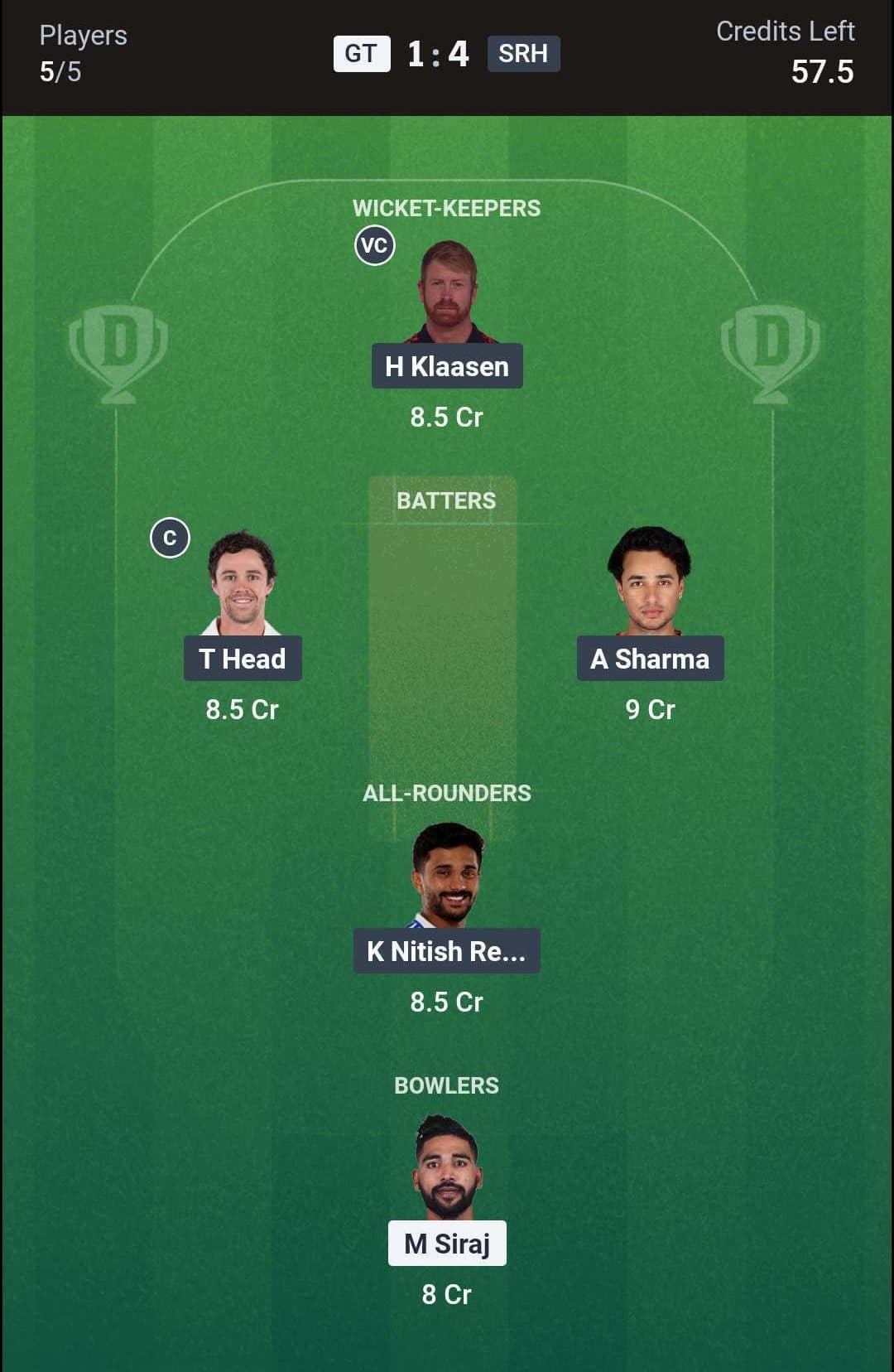 GT vs SRH Match 56 (2nd Innings) Dream11 Team 1