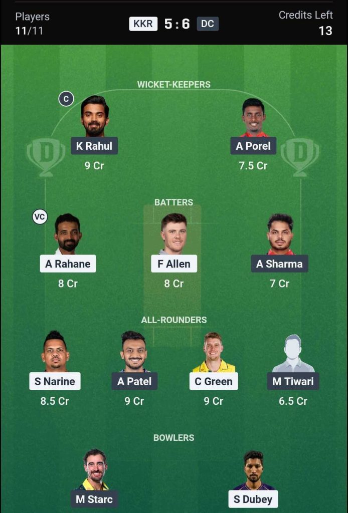 KKR vs DC IPL 2026 Match 70 Dream11 Team 1