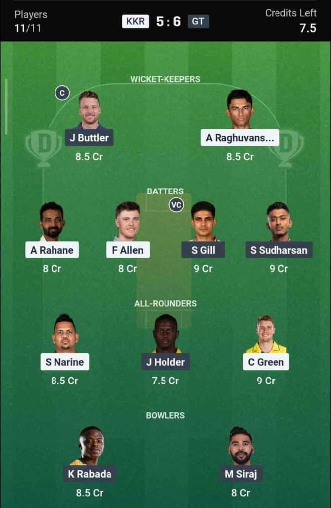 Dream11 Team for KKR vs GT IPL 2026 Match 60