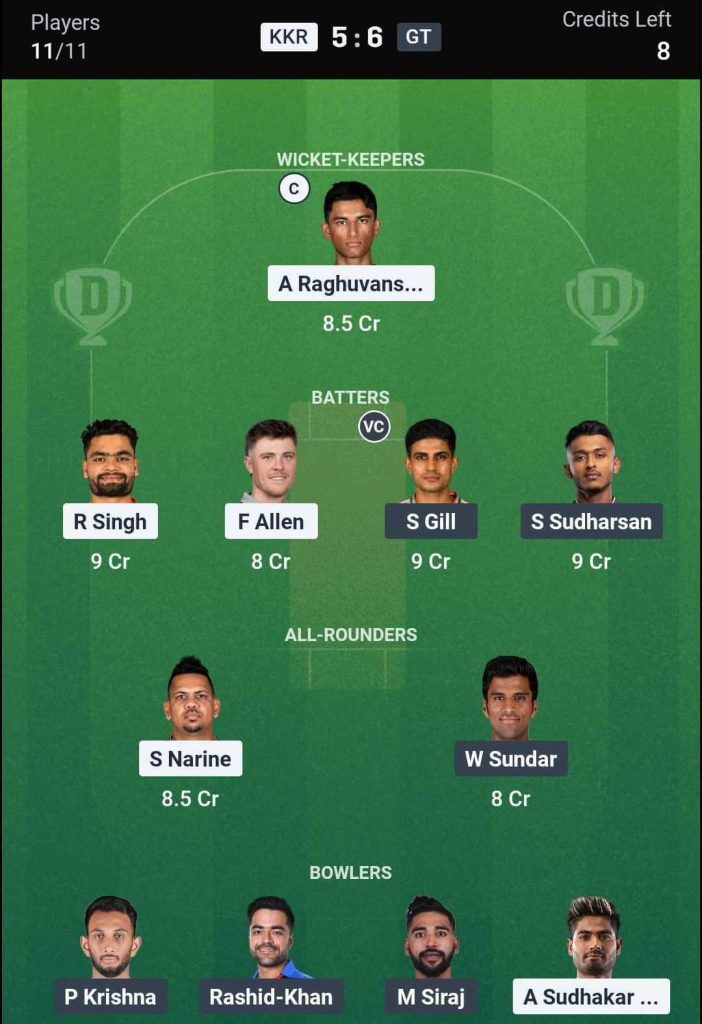 KKR vs GT IPL 2026 Match 60 Dream11 Team 3
