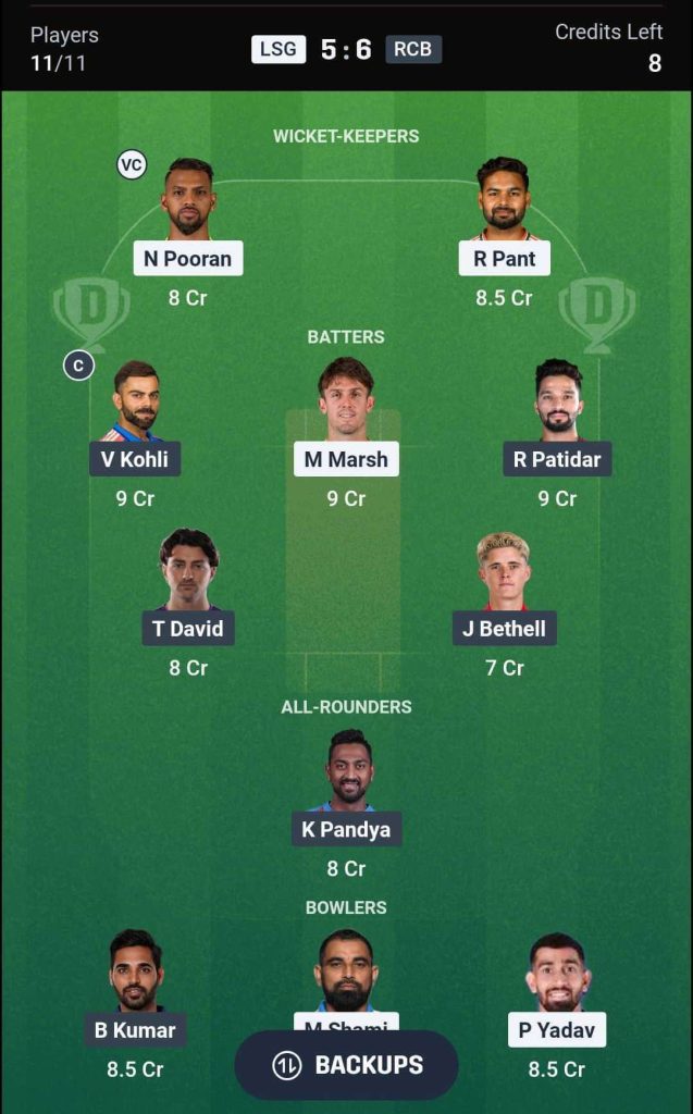 LSG vs RCB IPL 2026 Match 50 Dream11 Team 3