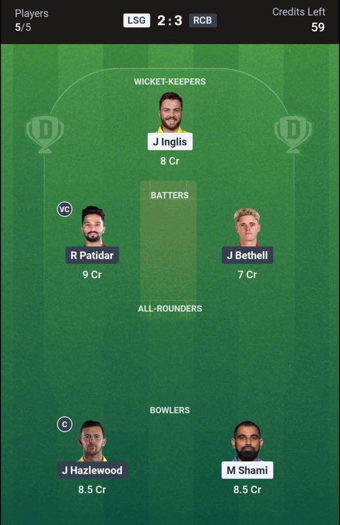 LSG vs RCB Match 50 (2nd Innings) Team 1 