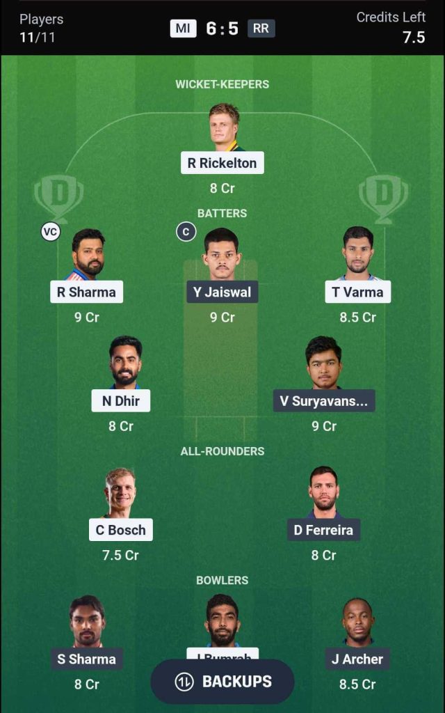 MI vs RR IPL 2026 Match 69 Dream11 Team 3