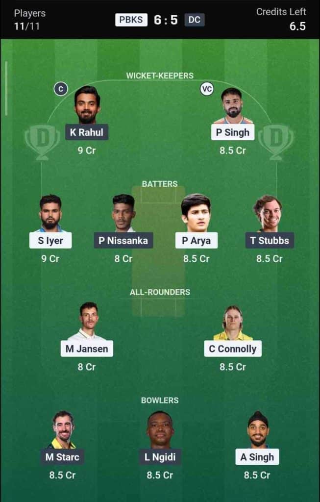 Dream11 Team for PBKS vs DC IPL 2026 Match 55