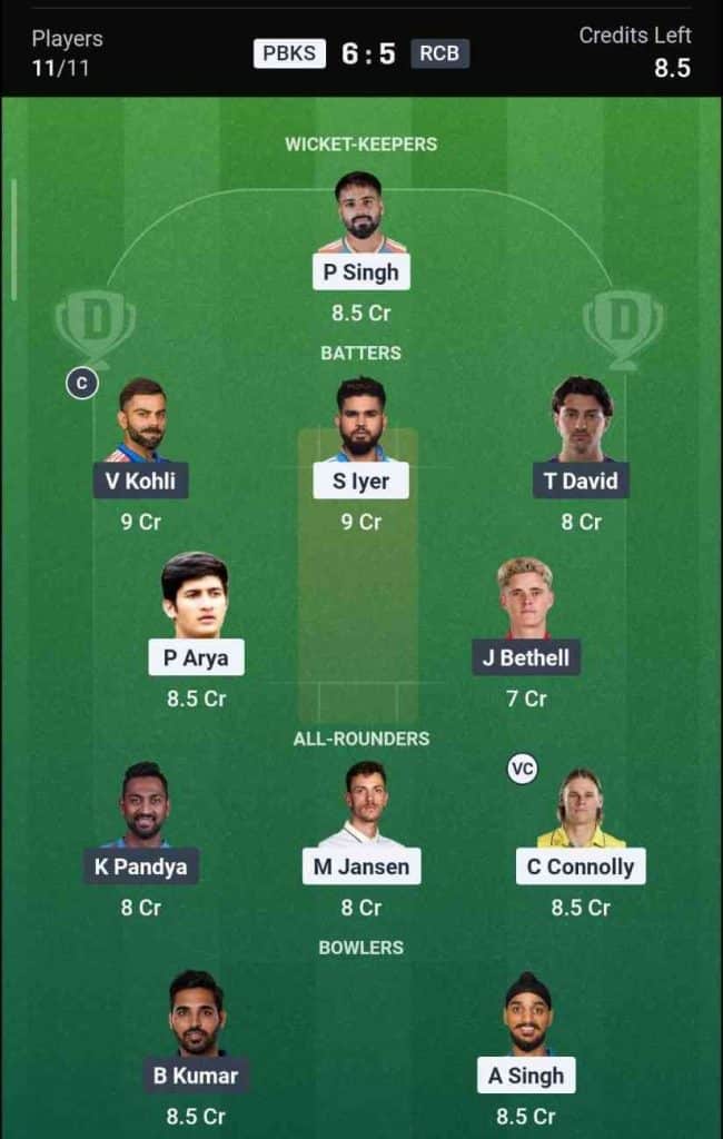 Dream11 Team for PBKS vs RCB IPL 2026 Match 61