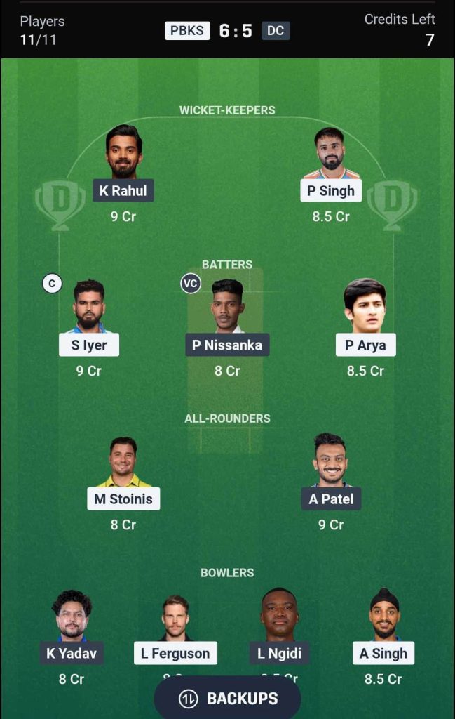 PBKS vs DC IPL 2026 Match 55 Dream11 Team 2