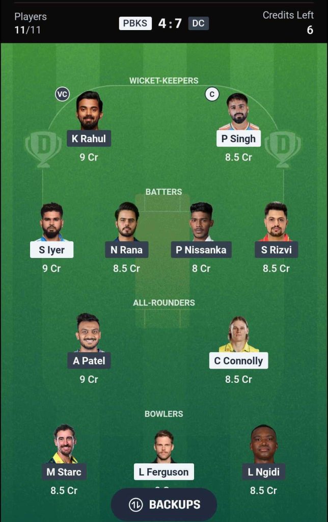 PBKS vs DC IPL 2026 Match 55 Dream11 Team 3