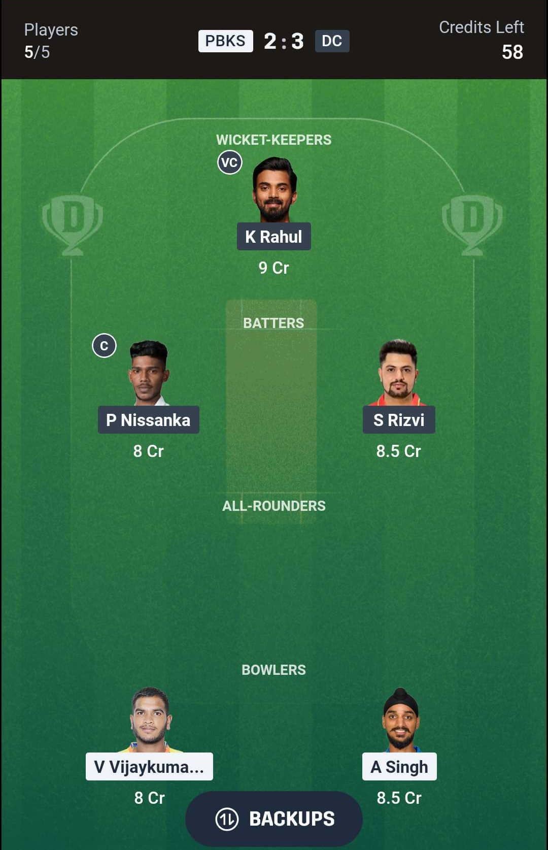 PBKS vs DC Match 55 (2nd Innings) Dream11 Team 1