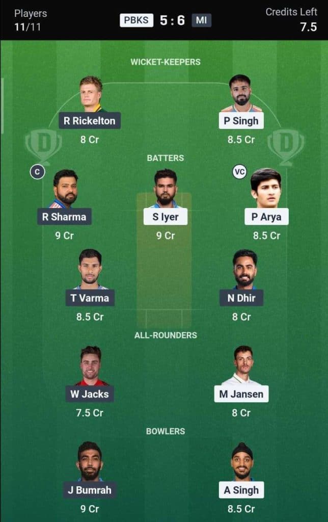Dream11 Team for PBKS vs MI IPL 2026 Match 58 Dream11 Team for PBKS vs MI IPL 2026 Match 58