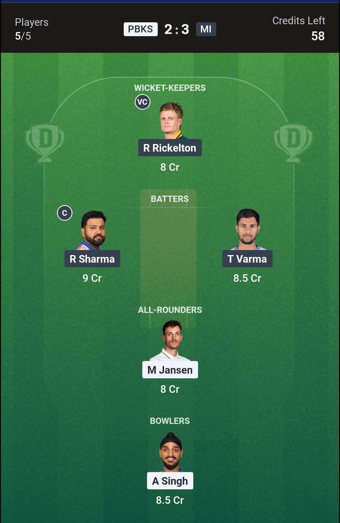PBKS vs MI Match 58 (2nd Innings) Dream11 Team 1 