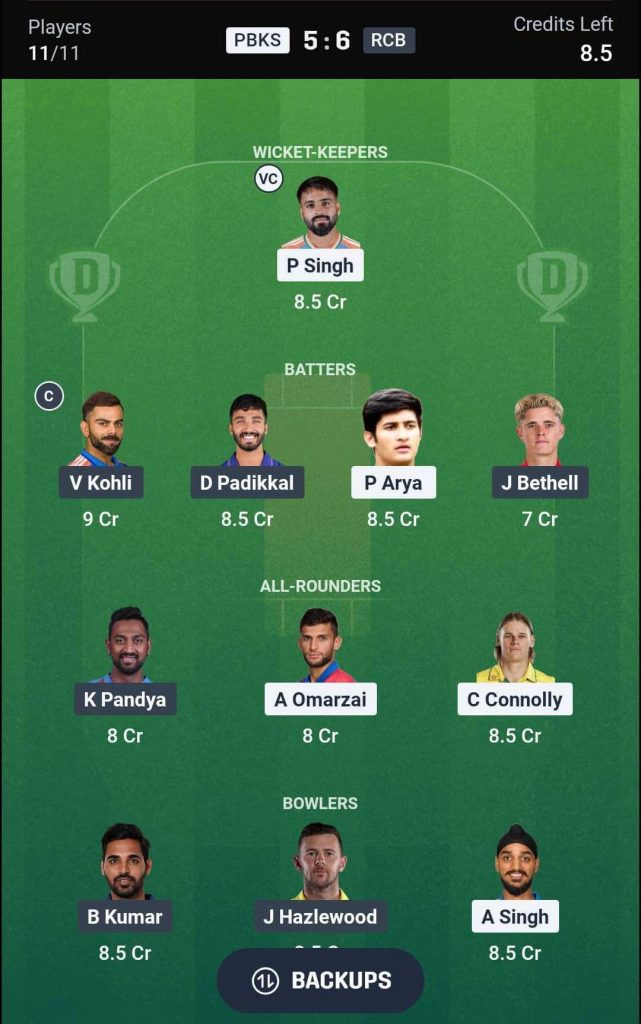 PBKS vs RCB IPL 2026 Match 61 Dream11 Team 1 PBKS vs RCB IPL 2026 Match 61 Dream11 Team 1