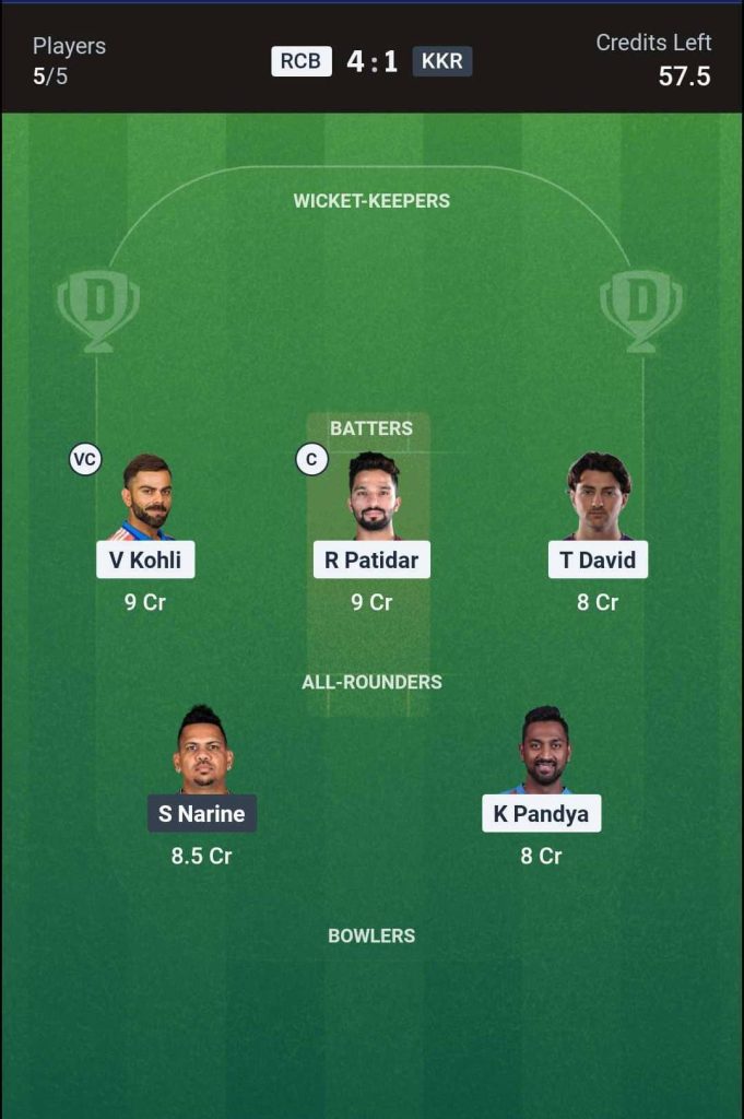 RCB vs KKR Match 57 (2nd Innings) Dream11 Team 2