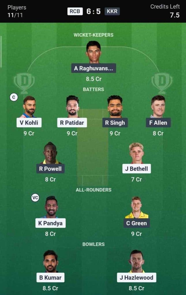Dream11 Team for RCB vs KKR IPL 2026 Match 57