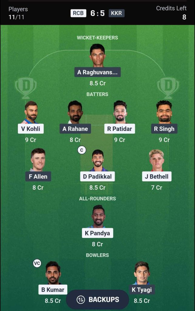 RCB vs KKR IPL 2026 Match 57 Dream11 Team 2