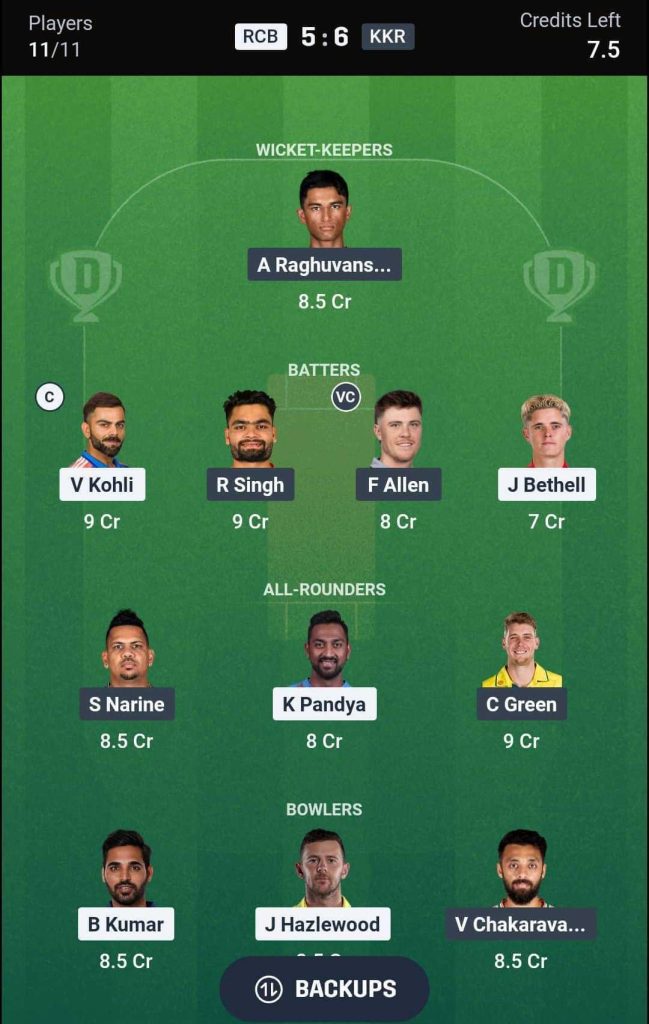RCB vs KKR IPL 2026 Match 57 Dream11 Team 3