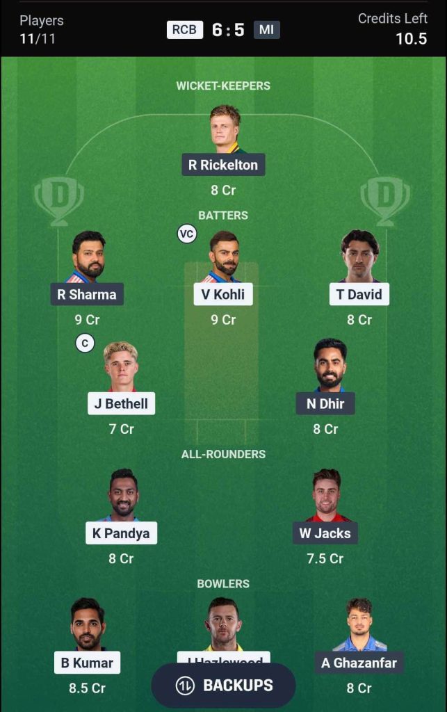 RCB vs MI IPL 2026 Match 54 Dream11 Team 1